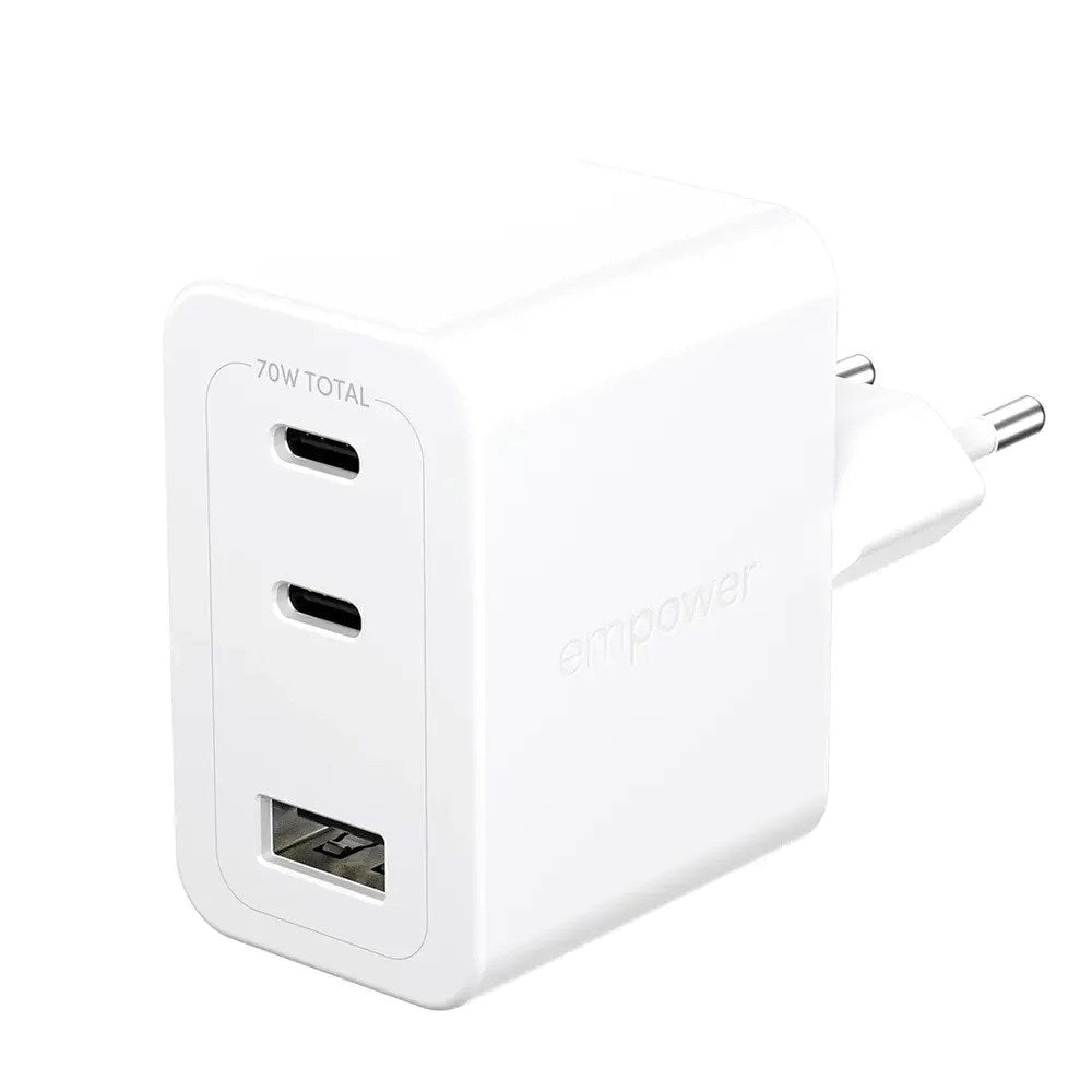 empower by PanzerGlass Turbo 70W Wall Charger with 1x USB-A & 2x USB-C - Silver White