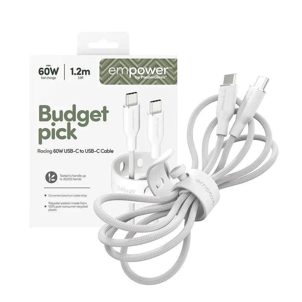 empower by PanzerGlass Racing 60W USB-C to USB-C Cable – 1.2m – Silver White