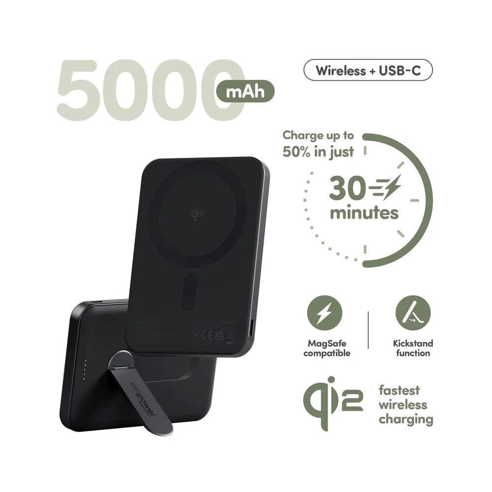 empower by PanzerGlass empower Bank with Spin Stand - 5000 mAh - Qi2 / MagSafe Compatible - Space Black