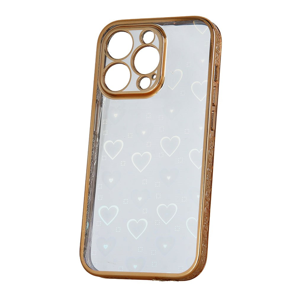 iPhone 14 Pro Flexible Plastic Case w. Holographic Foil - Hearts Motif - Transparent / Rose Gold