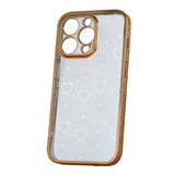 iPhone 14 Pro Flexible Plastic Case w. Holographic Foil - Hearts Motif - Transparent / Rose Gold