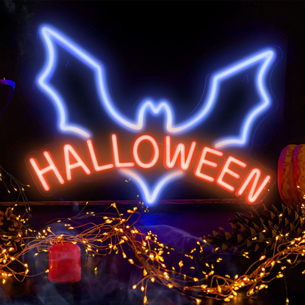 Neolia LED Neon Sign Halloween - Red and Blue Light w. Bat