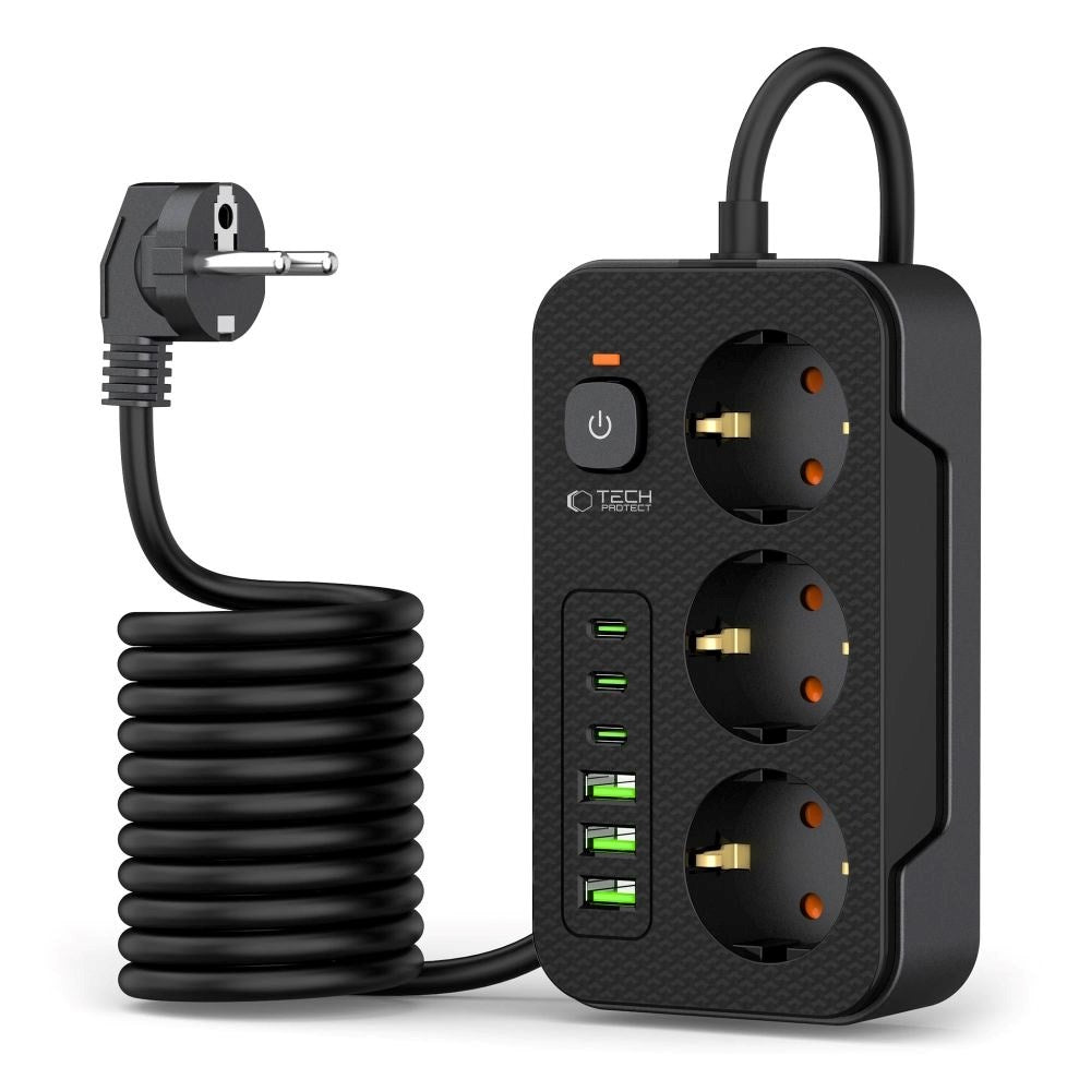 Tech-Protect Multifunctional Power Strip with 3 x Outlets / 3 x USB-A / 3 x USB-C - 2m - Black