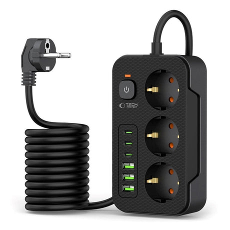 Tech-Protect Multifunctional Power Strip with 3 x Outlets / 3 x USB-A / 3 x USB-C - 2m - Black
