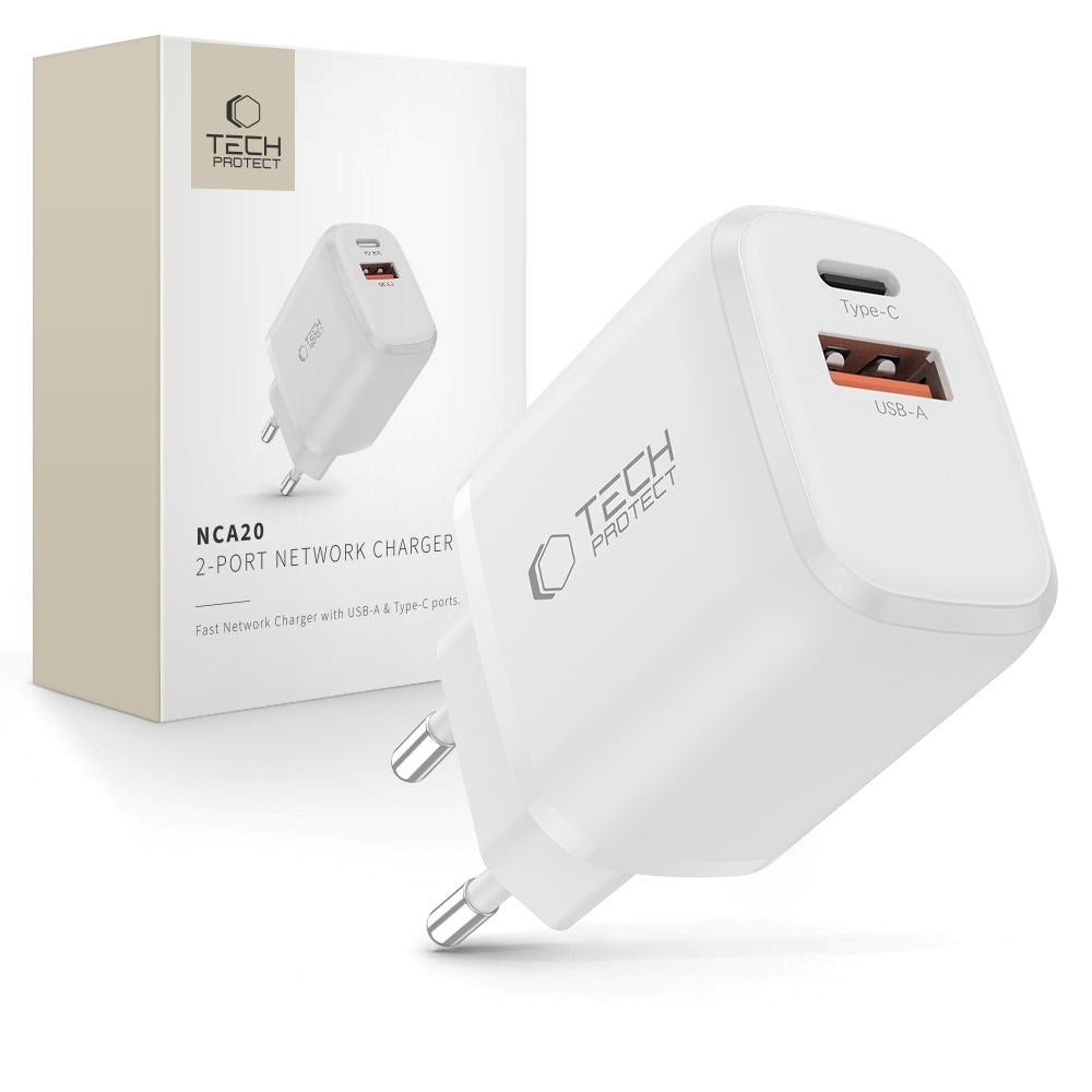 Tech-Protect NCA20 Wall Charger with 20W - 1 x USB-A & 1 x USB-C - White