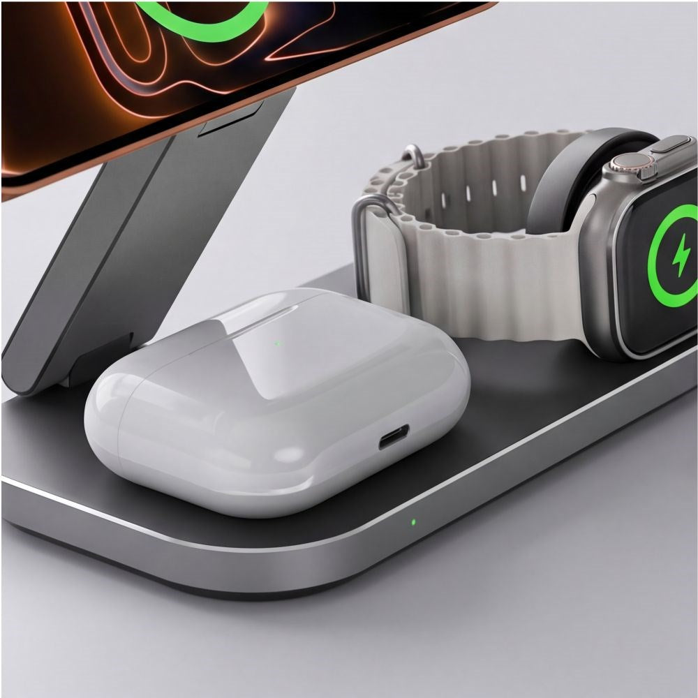 Tech-Protect A52 3-in-1 25W Wireless Charger for Smartphone + Smartwatch + Earphones - MagSafe / Qi2 Compatible - Dark Grey