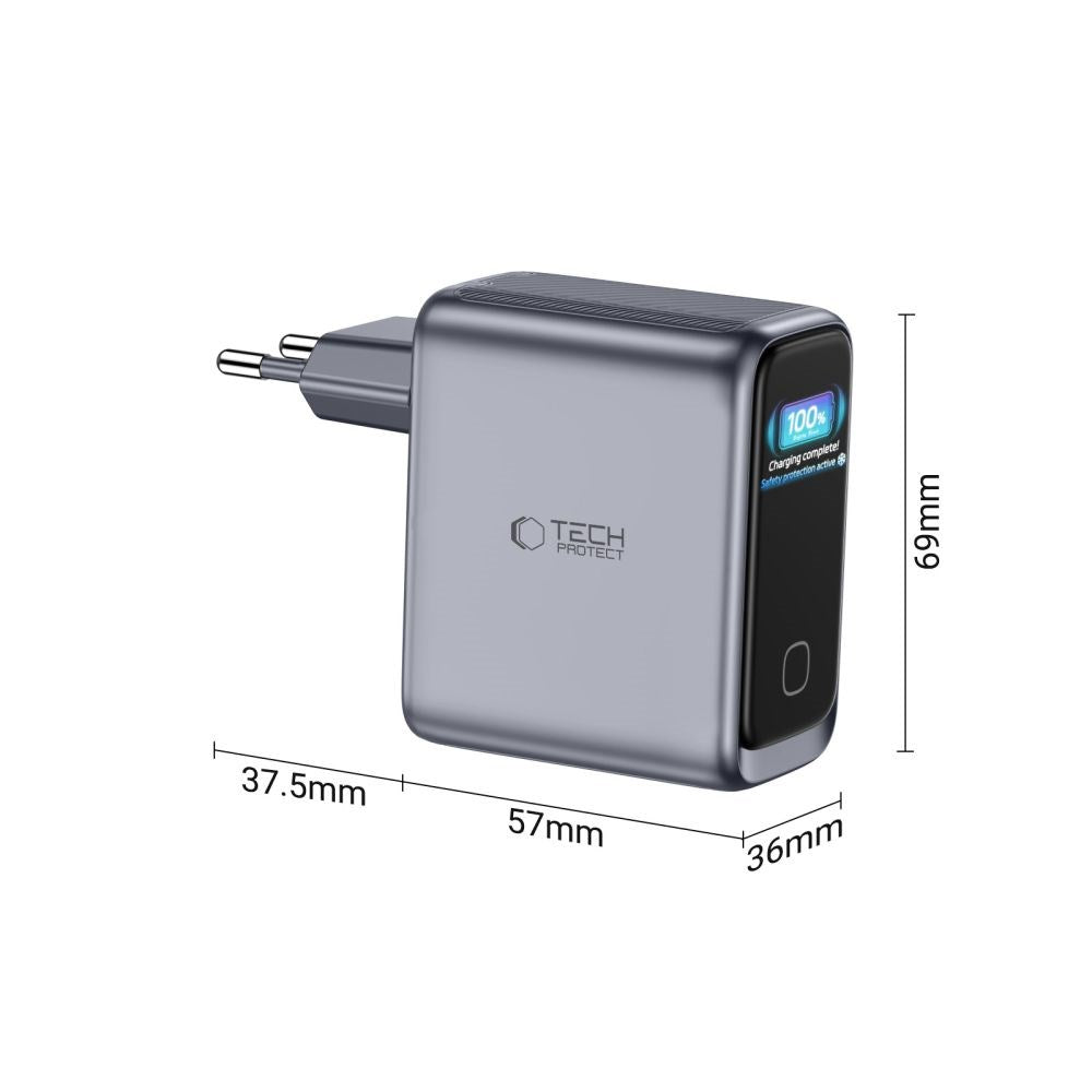 3-i-1 Wall Charger 100W w. 1x USB-A and 2x USB-C Tech-Protect PowerVision NC100W-GaN - Grey