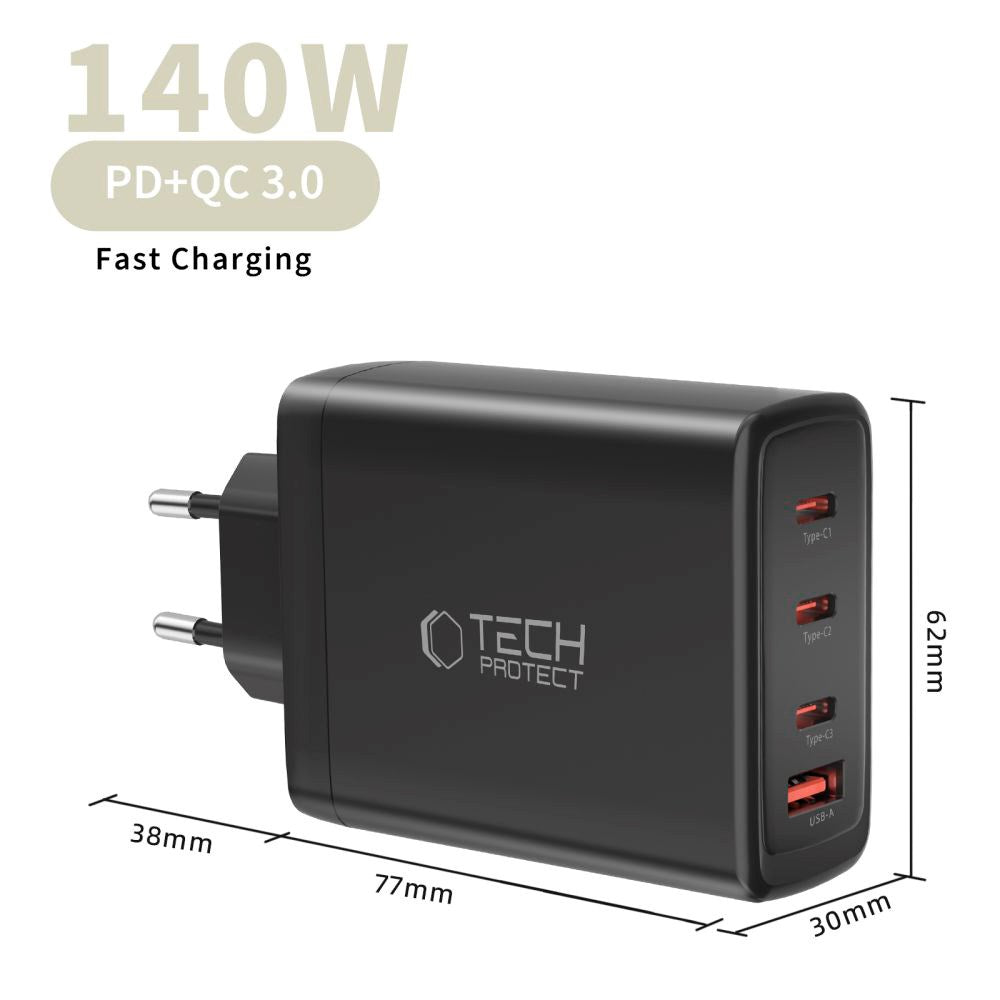 Tech-Protect 140W GaN Wall Charger with 1 x USB-A & 3 x USB-C – Black