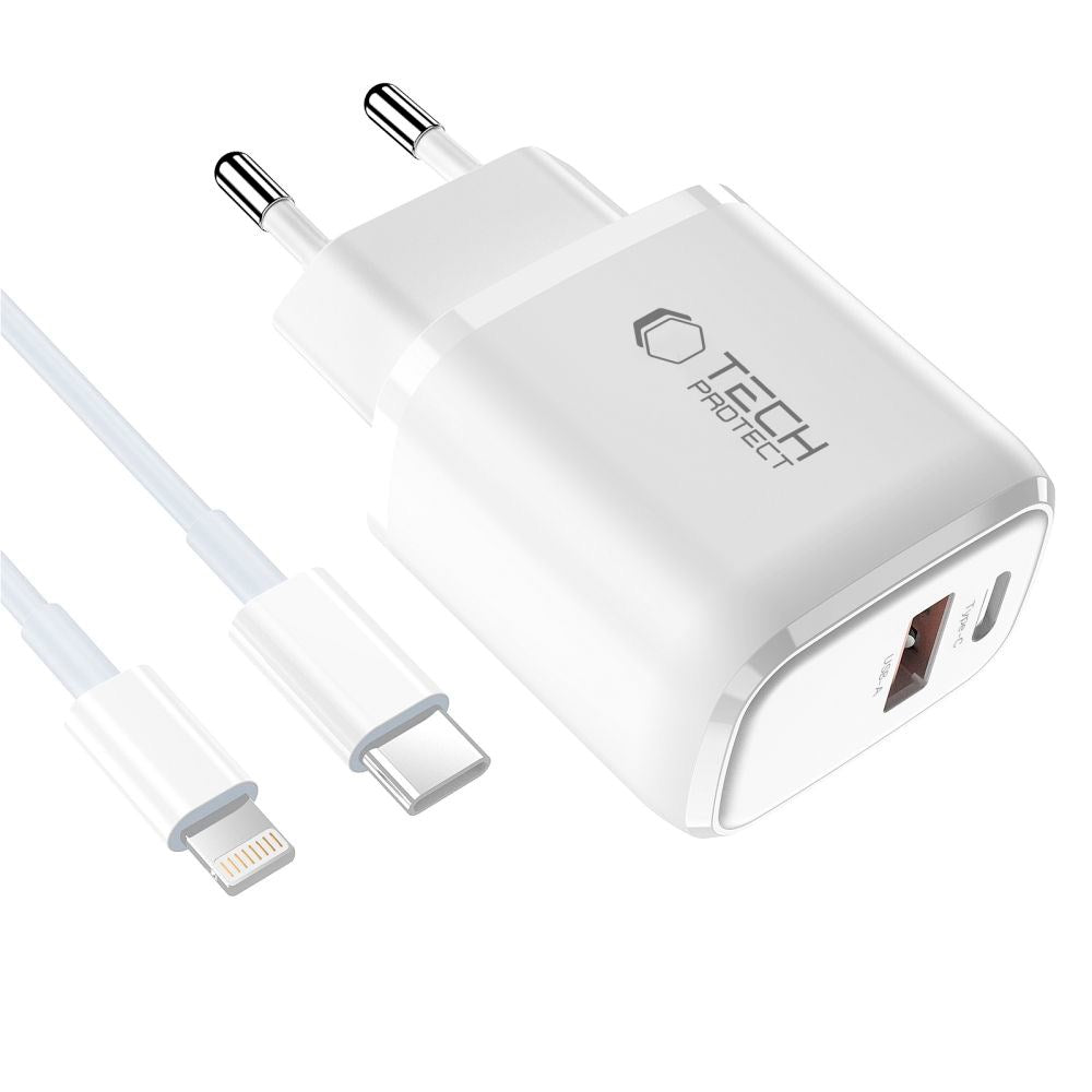 Tech-Protect 45W Wall Charger with Lightning Cable - 1 x USB-C & 1 x USB-A - White