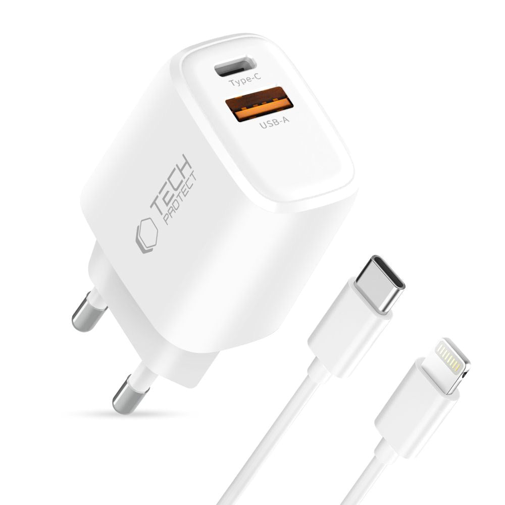 Tech-Protect 45W Wall Charger with Lightning Cable - 1 x USB-C & 1 x USB-A - White
