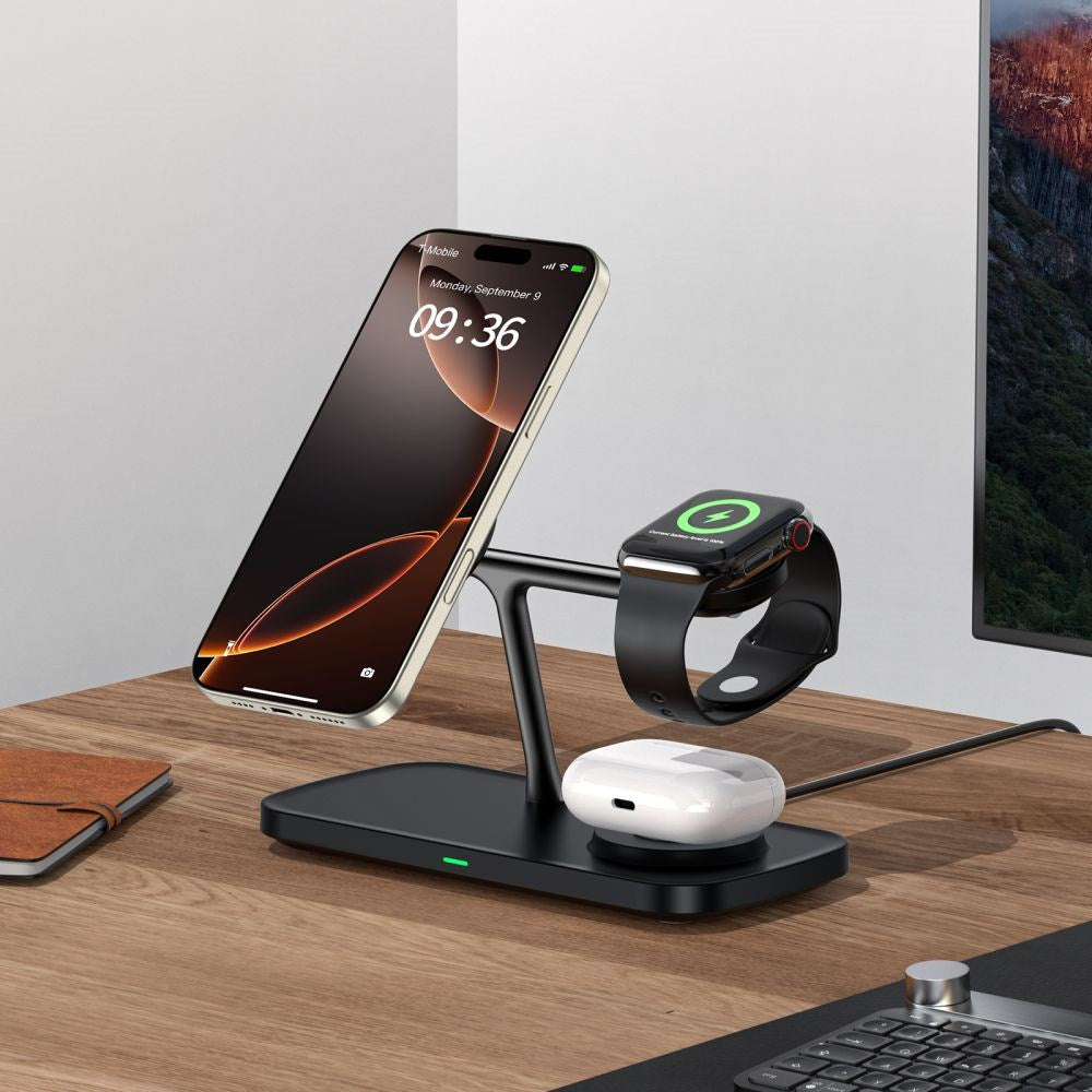 Tech-Protect 15W 3-in-1 Magnetic Wireless Charger - Qi2 / MagSafe Compatible - Black