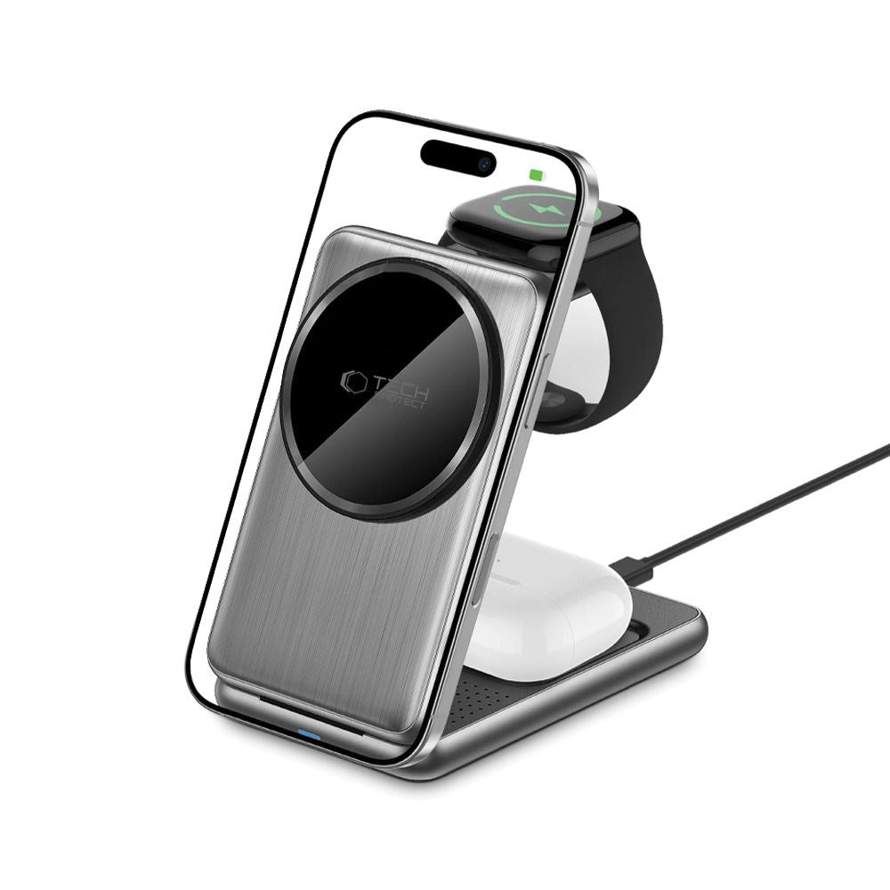 Tech-Protect QI15W-A42 3-in-1 Magnetic Wireless Charger - MagSafe Compatible - Grey