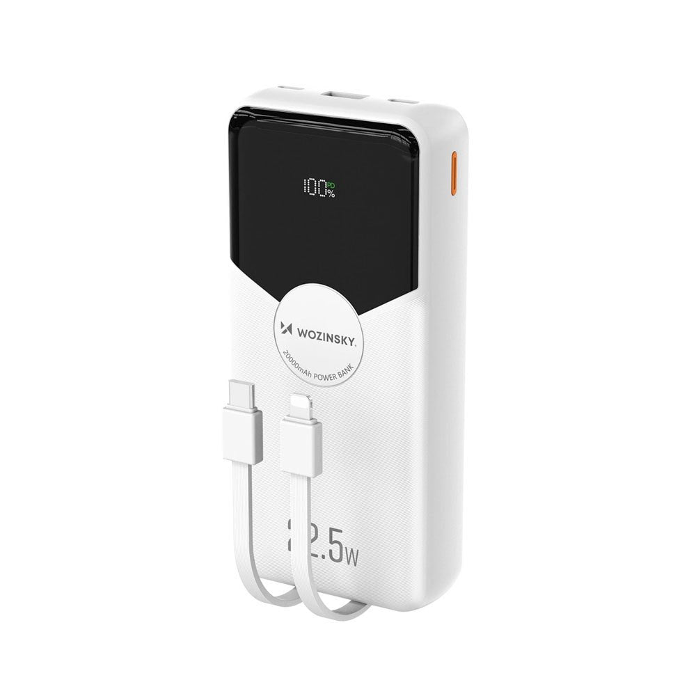 Wozinsky 20,000mAh Powerbank with Built-In USB-C & Lightning Cable - White