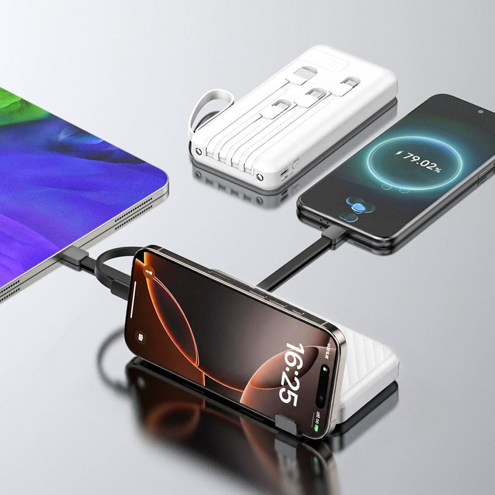 Wozinsky 10,000mAh Powerbank with Flashlight & 4 x Built-in Cables - White