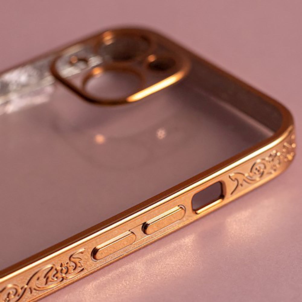 iPhone 14 Pro Flexible Plastic Case w. Holographic Foil - Hearts Motif - Transparent / Rose Gold