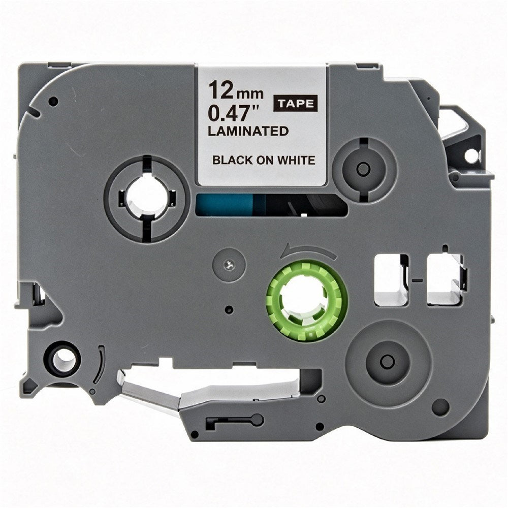 Label Tape Cassette 8 meters, Laminated, Compatible with Brother P-Touch label printers, Black on White - 12mm