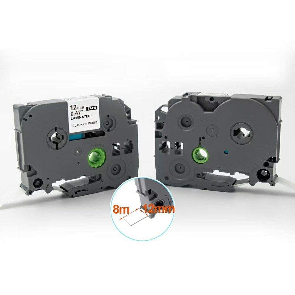 Label Tape Cassette 8 meters, Laminated, Compatible with Brother P-Touch label printers, Black on White - 12mm