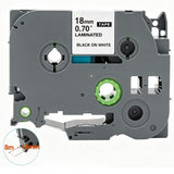 Label Tape Cassette 8 meters, Laminated, Compatible with Brother P-Touch label printers, Black on White - 18mm