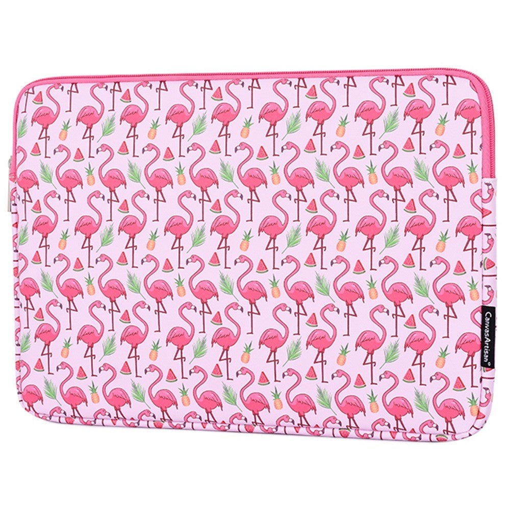 CanvasArtisan Leather Sleeve with Flamingo Motif for Laptop PC / Macbook 14" - (37 x 26.5 x 2 cm) - Pink