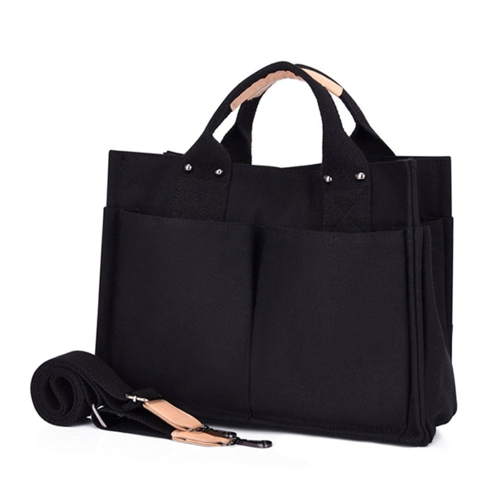 Canvas Fabric Handbag with Shoulder Strap - Black