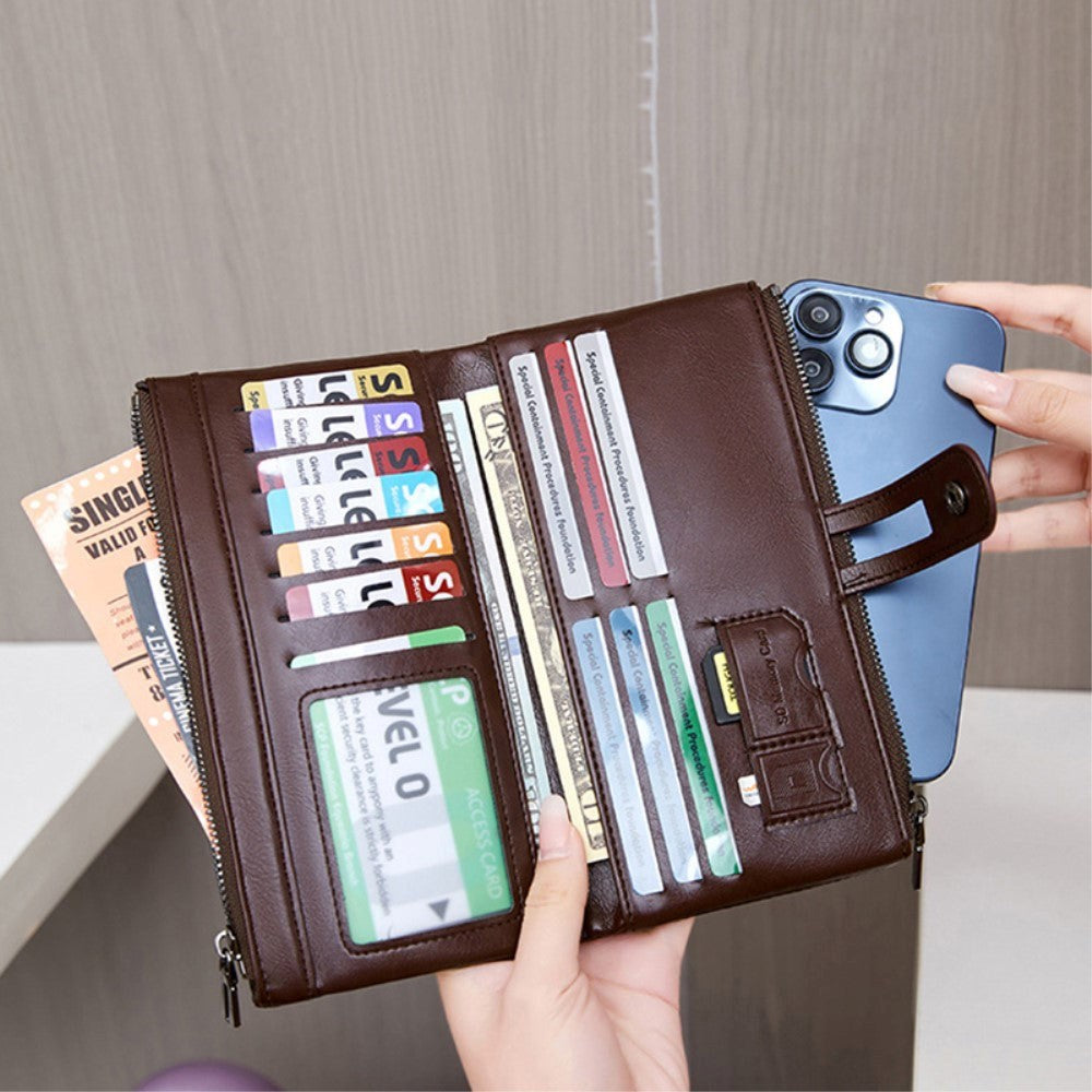 Mobile Faux Leather Wallet with Card Holders & Zip Pockets (Max. Mobile: 185 x 95 x 20 mm) - Dark Brown