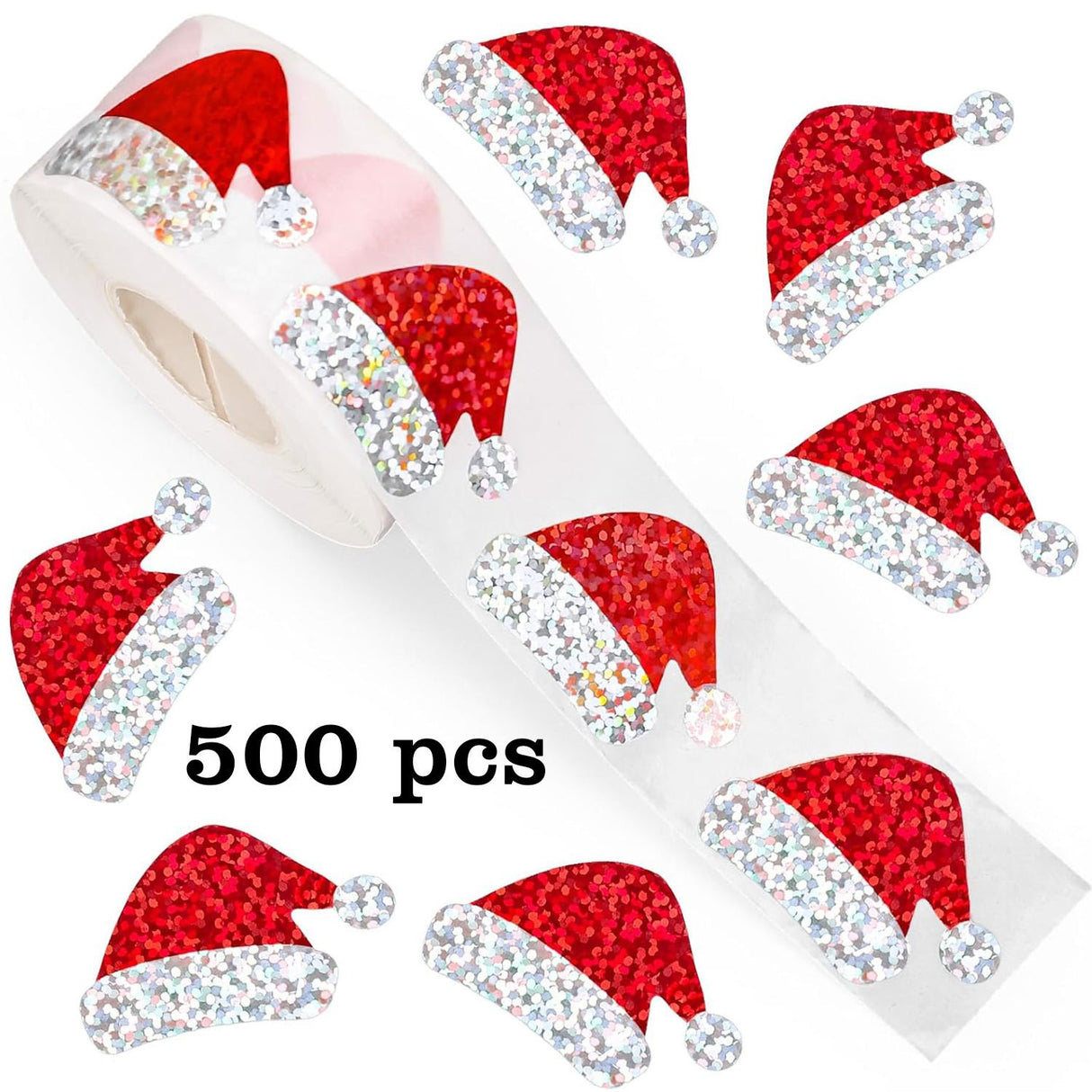 Roll of 500 x Stickers w. Christmas Designs - Christmas Hat / Glitter