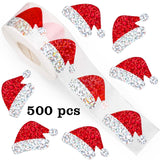 Roll of 500 x Stickers w. Christmas Designs - Christmas Hat / Glitter