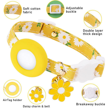 Cat Collar with AirTag Silicone Case & Film - Yellow with Daisies