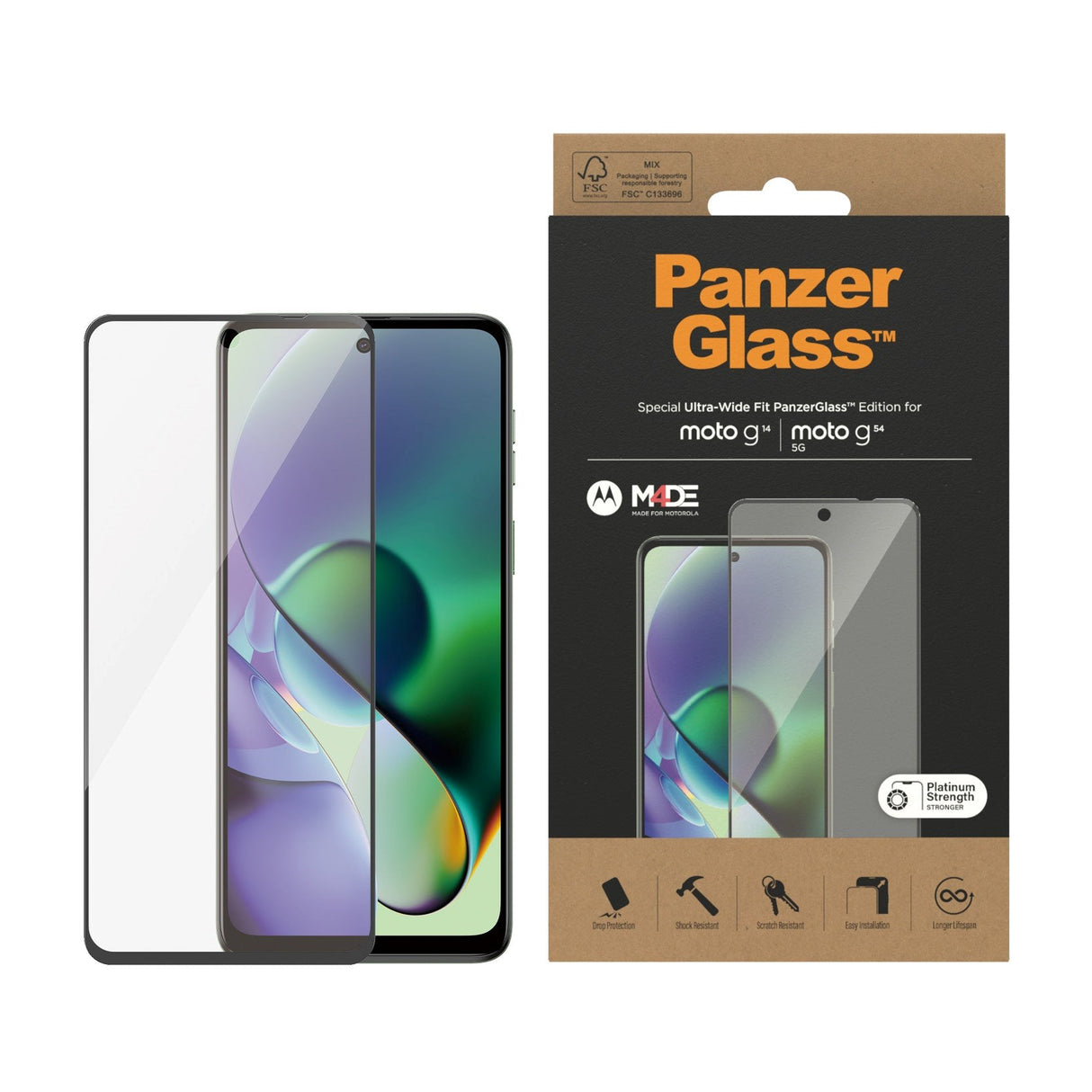 Motorola Moto G14 / G54 PanzerGlass Ultra Wide Fit Screen Protector - Platinum Strength - Black Edge