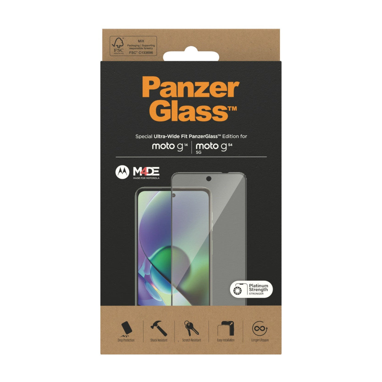 Motorola Moto G14 / G54 PanzerGlass Ultra Wide Fit Screen Protector - Platinum Strength - Black Edge