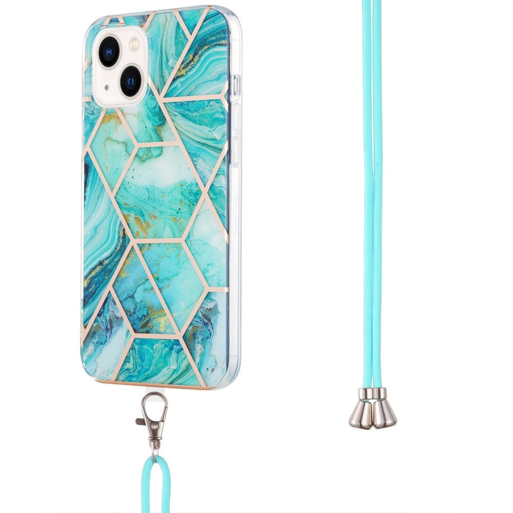 iPhone 14 Plus Flexible Plastic Back Case w. Cord - Marble - Blue