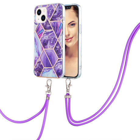 iPhone 14 Plus Flexible Plastic Back Case w. Cord - Marble - Dark Purple