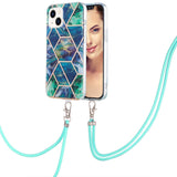 iPhone 14 Flexible Plastic Back Case w. Cord - Marble - Blue & Green