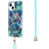 iPhone 14 Flexible Plastic Back Case w. Cord - Marble - Blue & Green