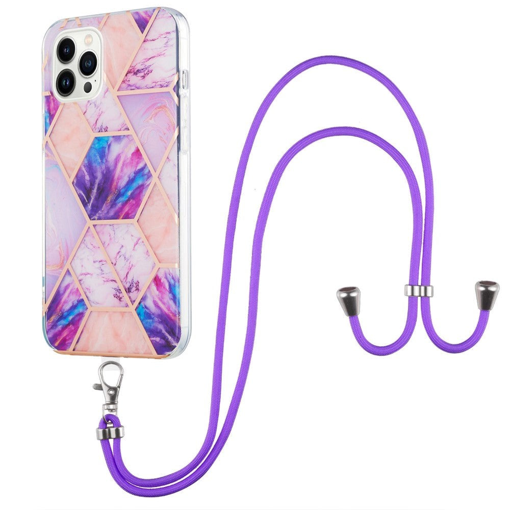 iPhone 14 Pro Max Flexible Plastic Back Case w. Cord - Marble - Light Purple