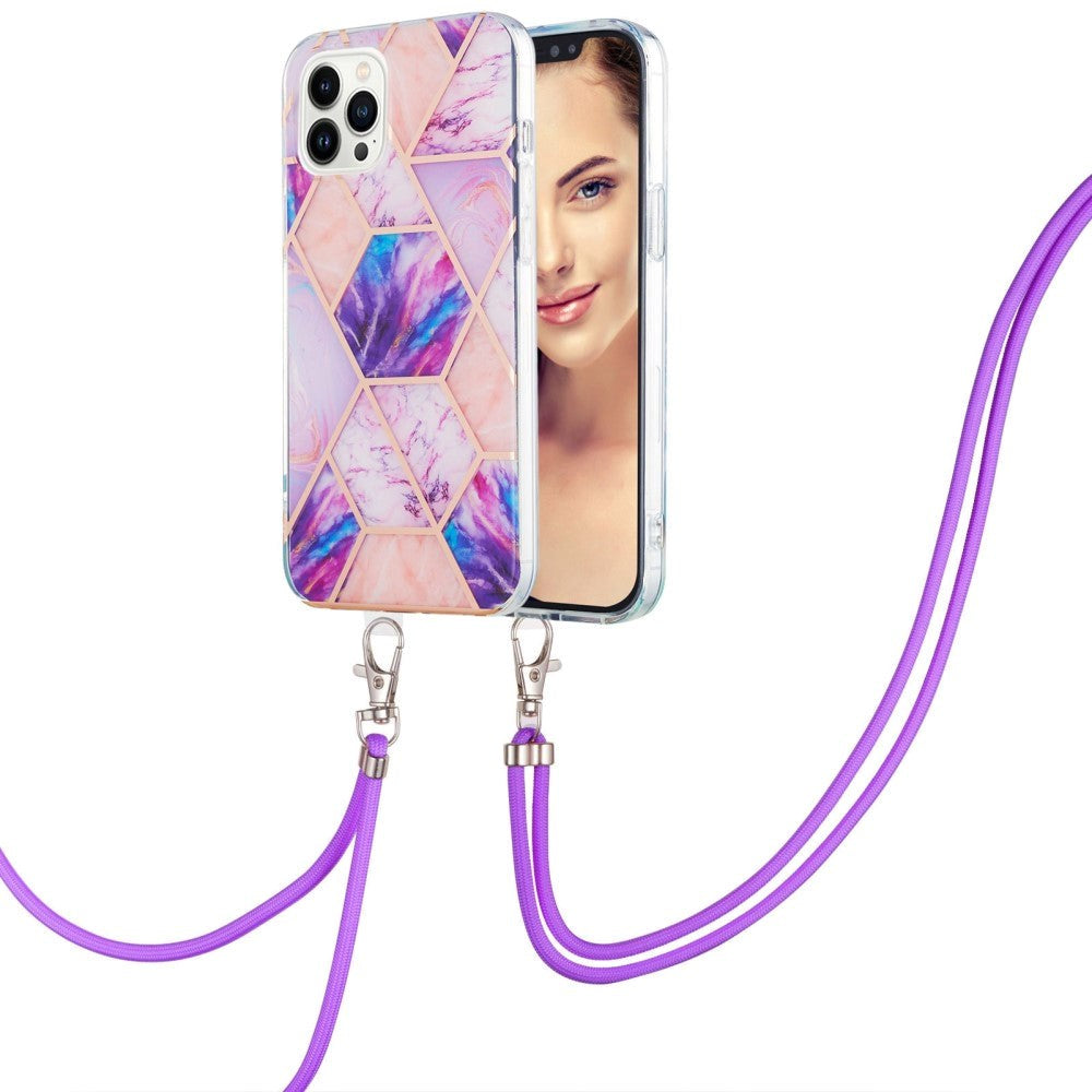 iPhone 14 Pro Max Flexible Plastic Back Case w. Cord - Marble - Light Purple