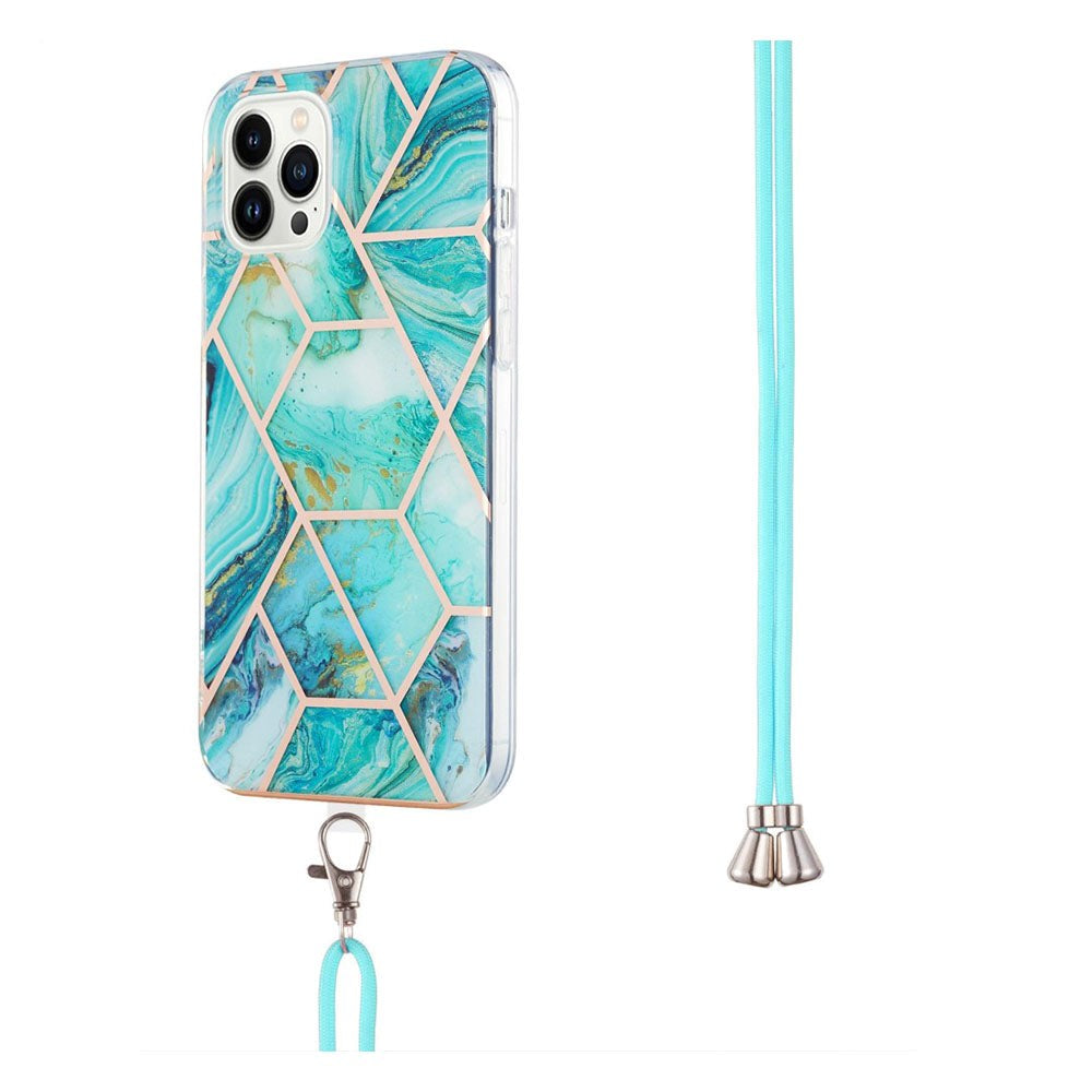 iPhone 14 Pro Flexible Plastic Back Case w. Cord - Marble - Blue