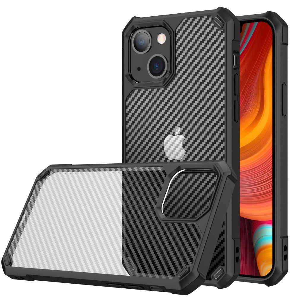 iPhone 14 Plastic Back Case w. Carbon Look - Transparent / Black