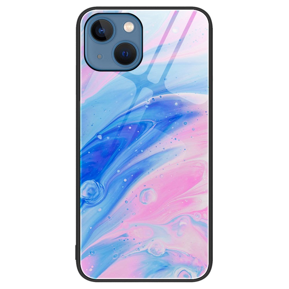 iPhone 14 Plus Plastic Case with Tempered Glass - Blue and Pink Marble