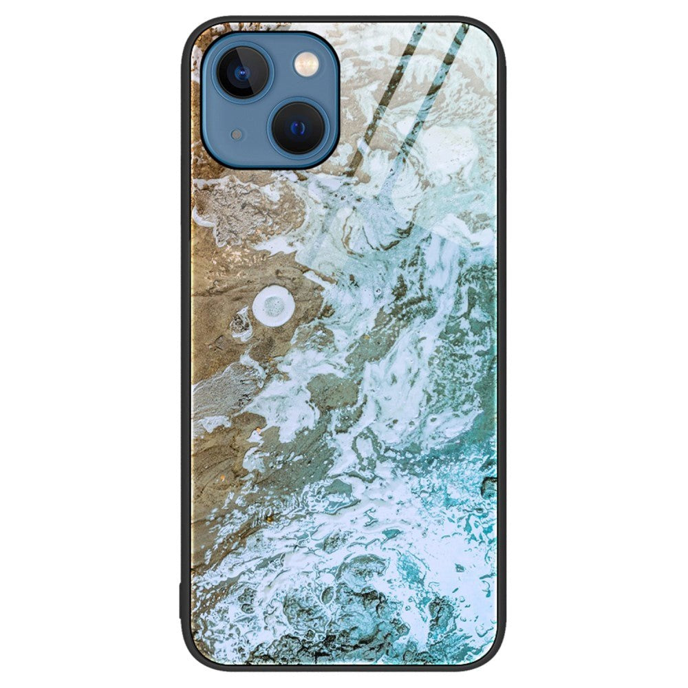 iPhone 14 Plus Plastic Case with Tempered Glass - Green Marble Pattern