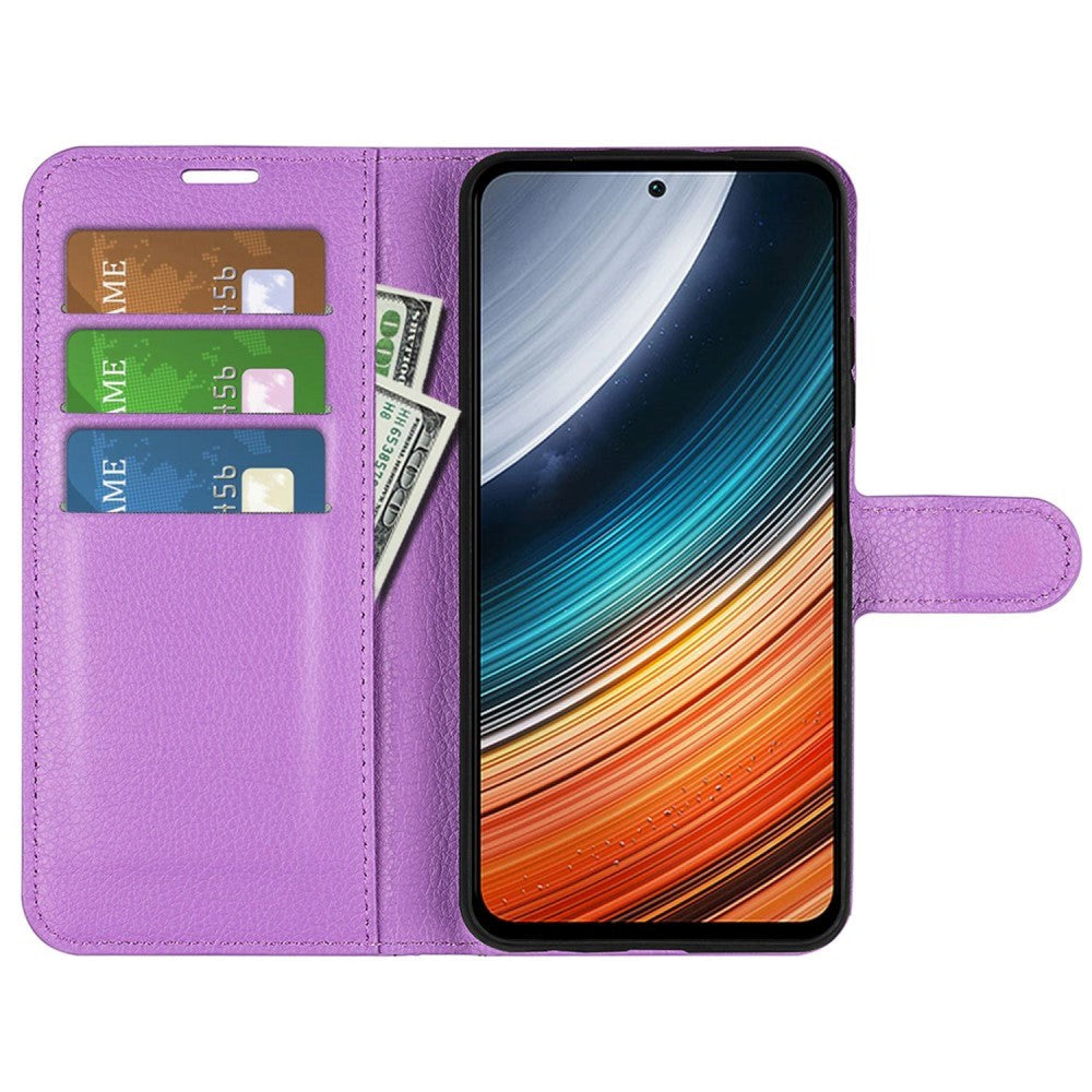 Xiaomi Poco F4 Litchi Leather Flip Cover w. Wallet - Purple