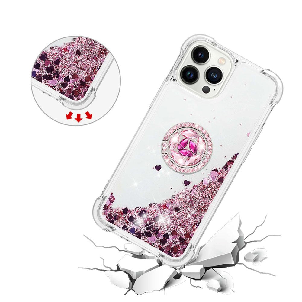 iPhone 14 Pro Dynamic Glitter Back Case w. Hearts - Transparent / Rose