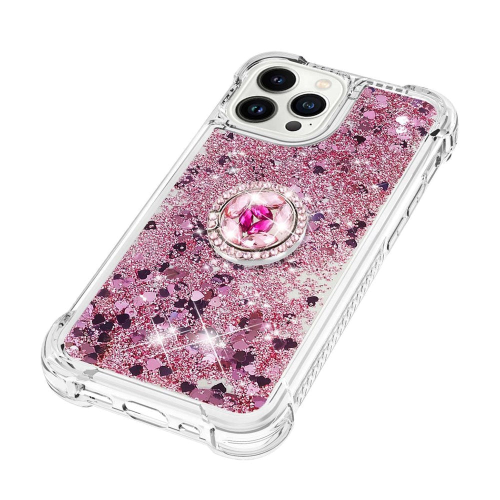 iPhone 14 Pro Dynamic Glitter Back Case w. Hearts - Transparent / Rose