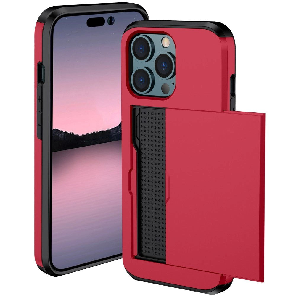 iPhone 14 Pro Hybrid Tough Case w. Card Holder - Red