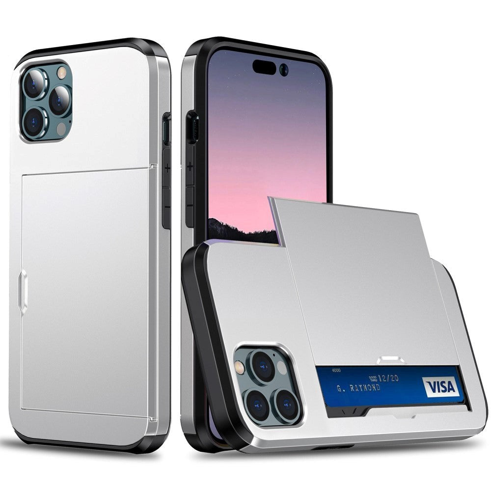 iPhone 14 Pro Hybrid Tough Case w. Card Holder - Silver