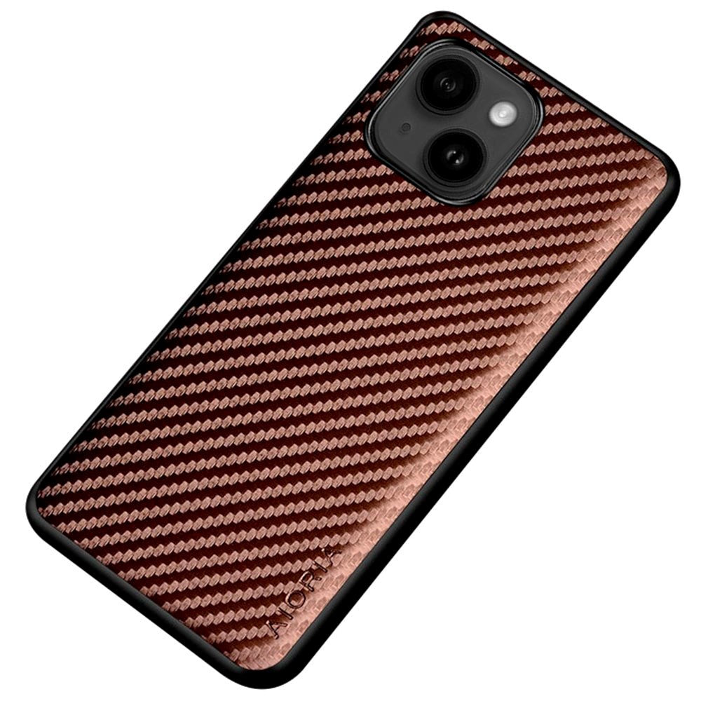 iPhone 14 Hybrid Leather / Plastic Back Cover w. Carbon Texture - Coffee