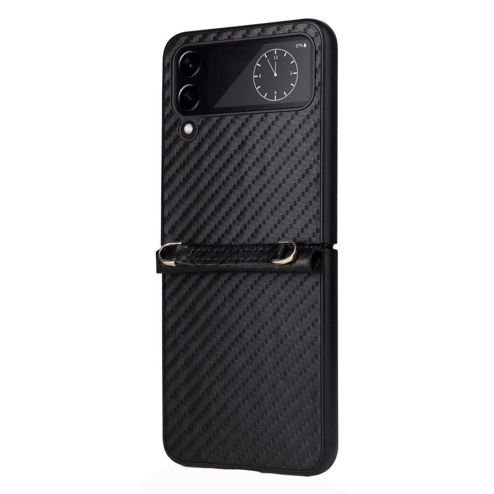 Samsung Galaxy Z Flip4 (5G) Leather Covered Plastic Case w. Carbon Look & Cord - Black