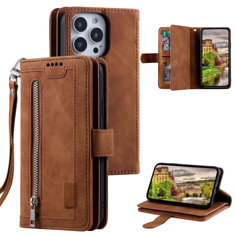 iPhone 14 Pro Leather Flip Case with Wallet & Magnetic Lock - Brown