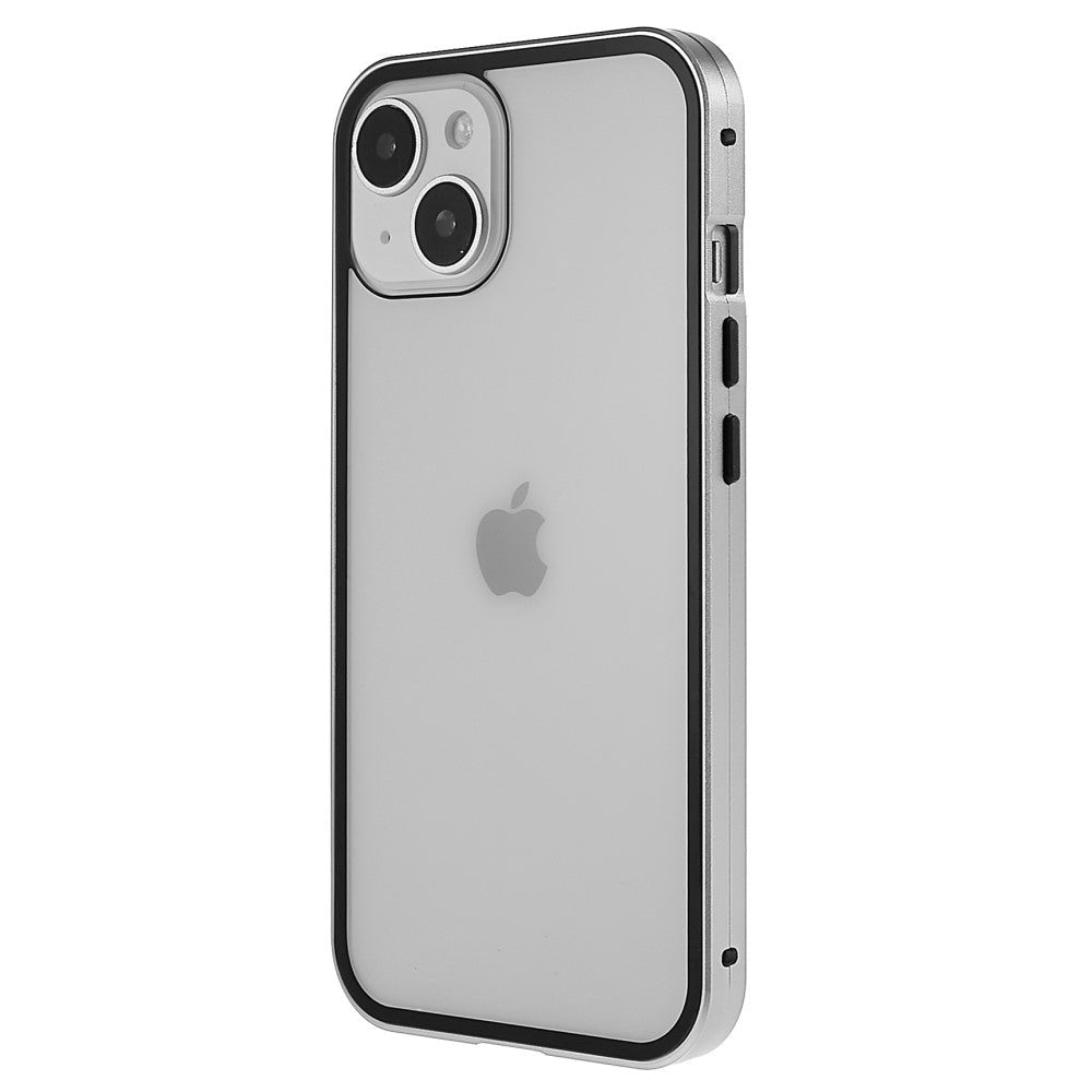 iPhone 14 Cover w. Magnetic Metal Edge Glass- Front & Back - Silver