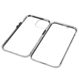 iPhone 14 Cover w. Magnetic Metal Edge Glass- Front & Back - Silver